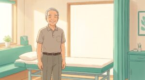 施術室で背すじを伸ばして立つおだやかな笑顔の男性のイラスト