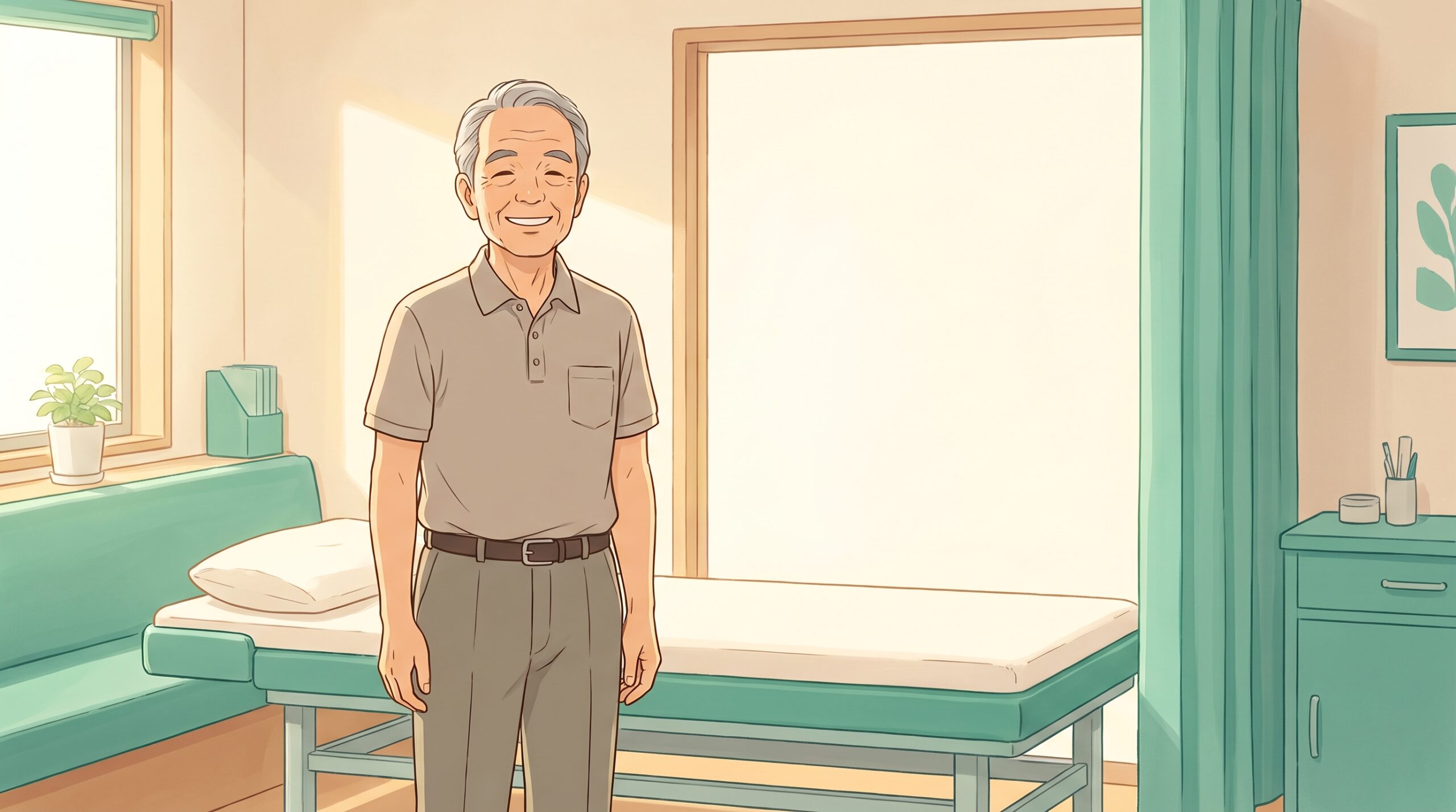 施術室で背すじを伸ばして立つおだやかな笑顔の男性のイラスト