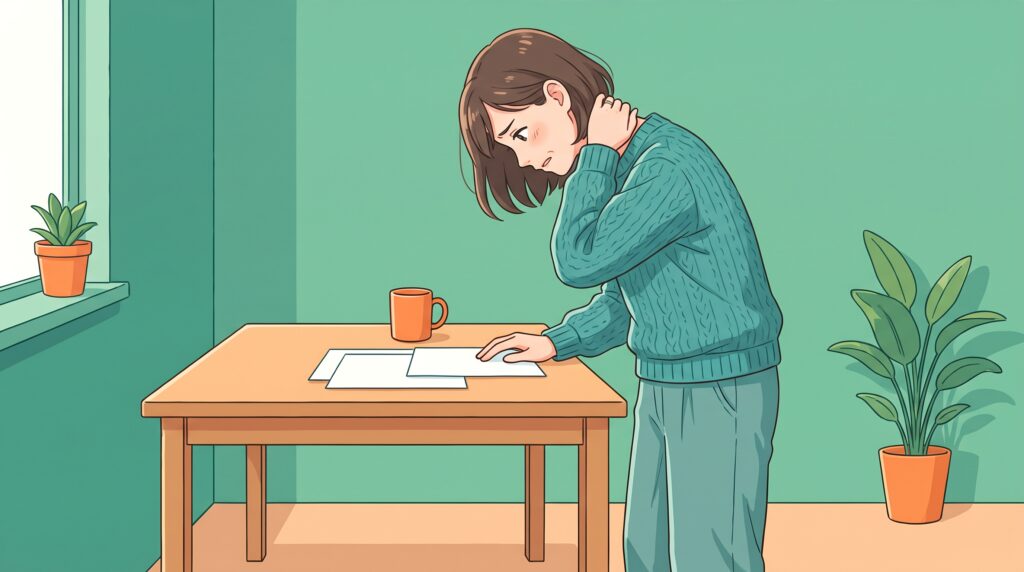 作業台の前に立ったまま深くうつむき、首の後ろに手を当てている女性のイラスト