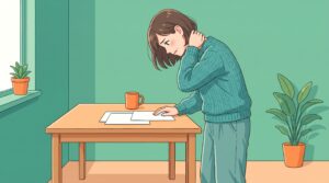 作業台の前に立ったまま深くうつむき、首の後ろに手を当てている女性のイラスト