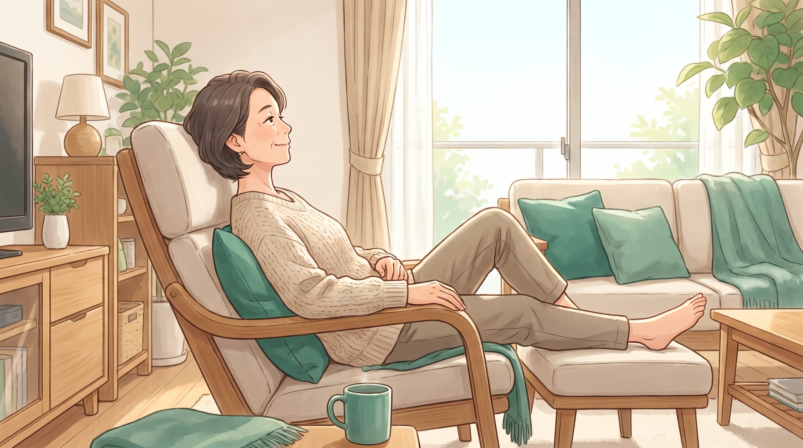 椅子に力を抜いて自然に座り、背中がゆるやかなカーブを描く女性のイラスト