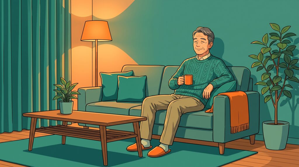 帰宅後、ソファで肩の力を抜いてくつろいでいる男性のイラスト
