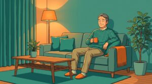 帰宅後、ソファで肩の力を抜いてくつろいでいる男性のイラスト