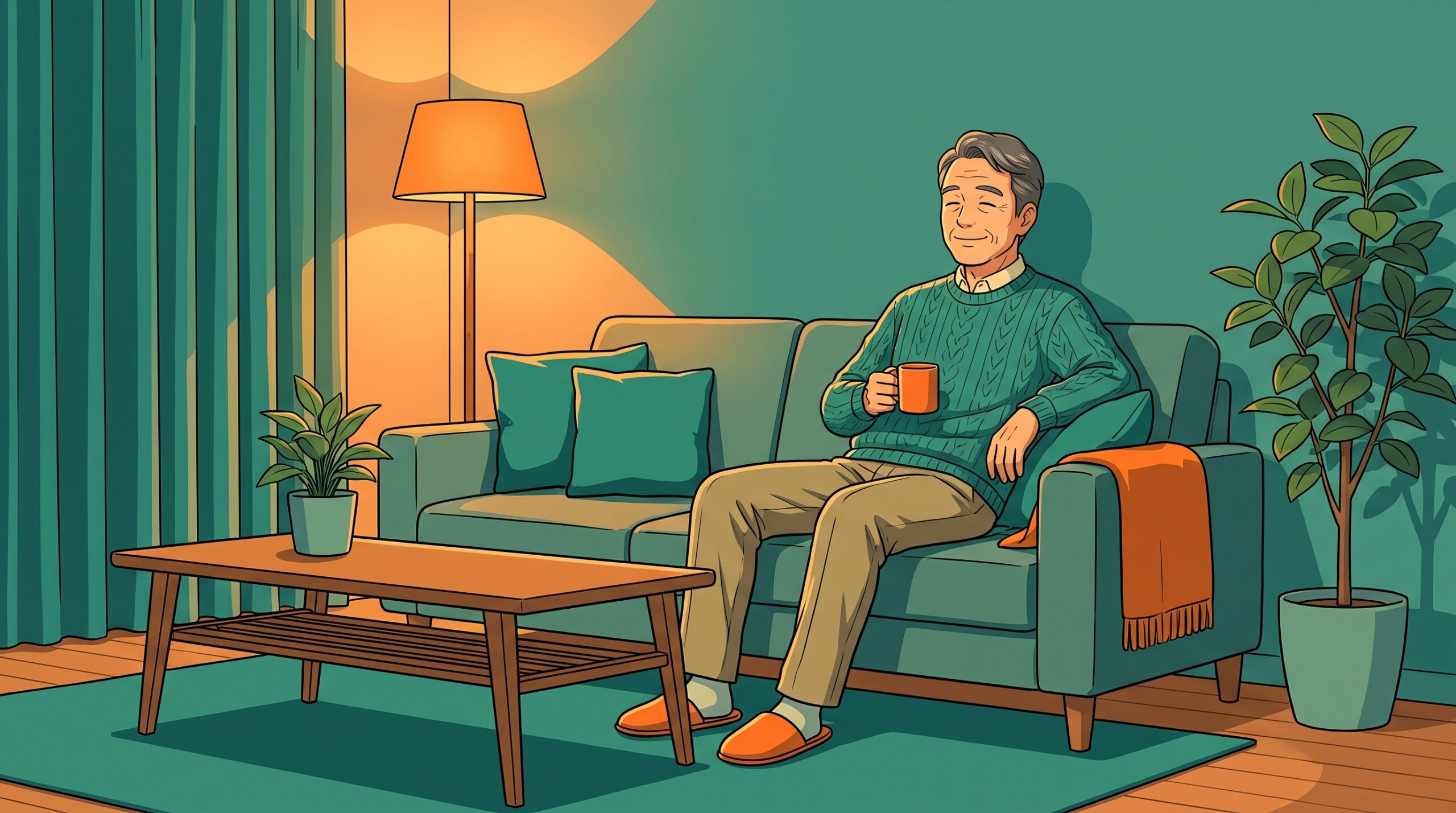 帰宅後、ソファで肩の力を抜いてくつろいでいる男性のイラスト