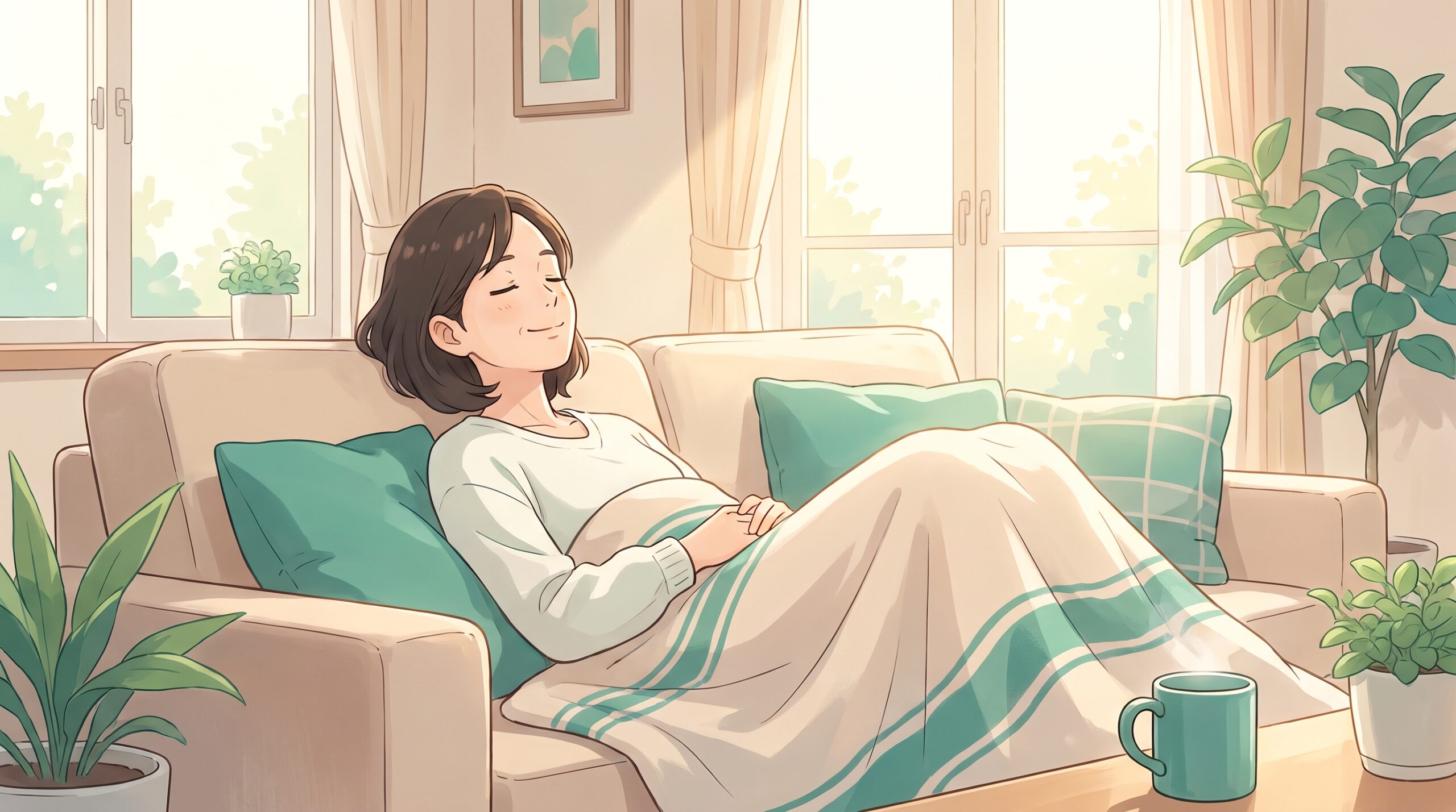 ソファで穏やかに休む女性のイラスト