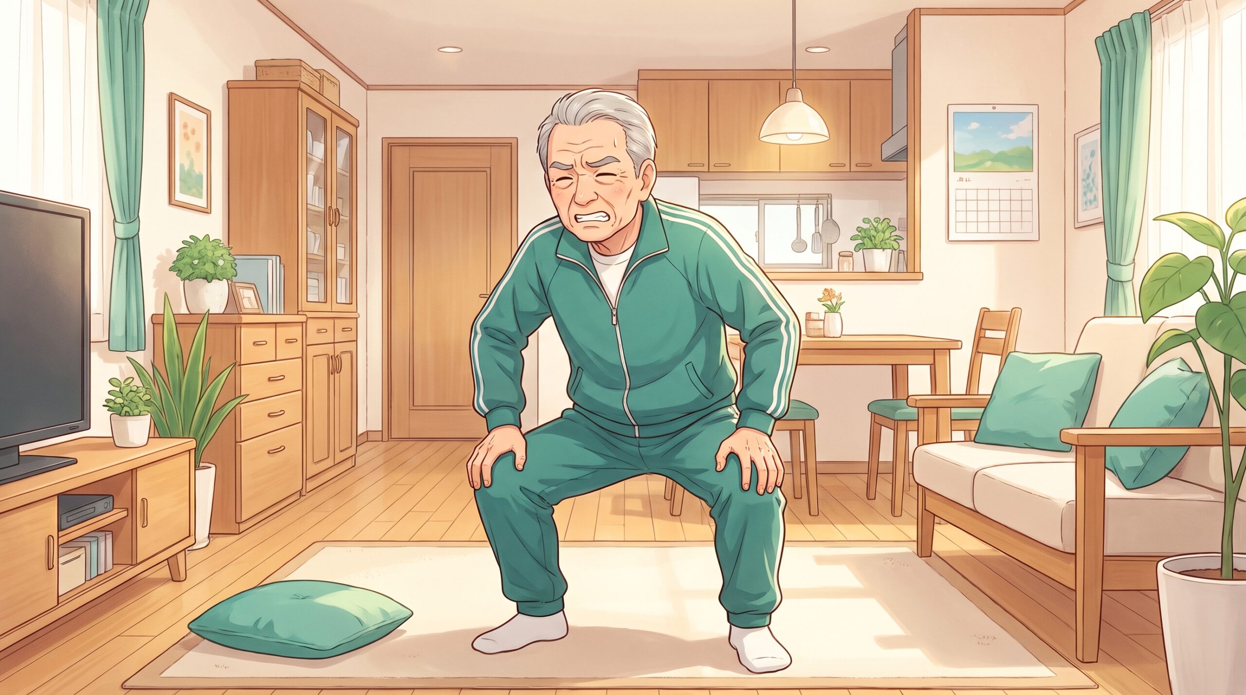 自宅でスクワットをしてつらそうな男性のイラスト