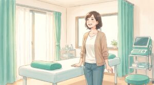 胸を開いて目線が上がり晴れやかな笑顔の女性のイラスト