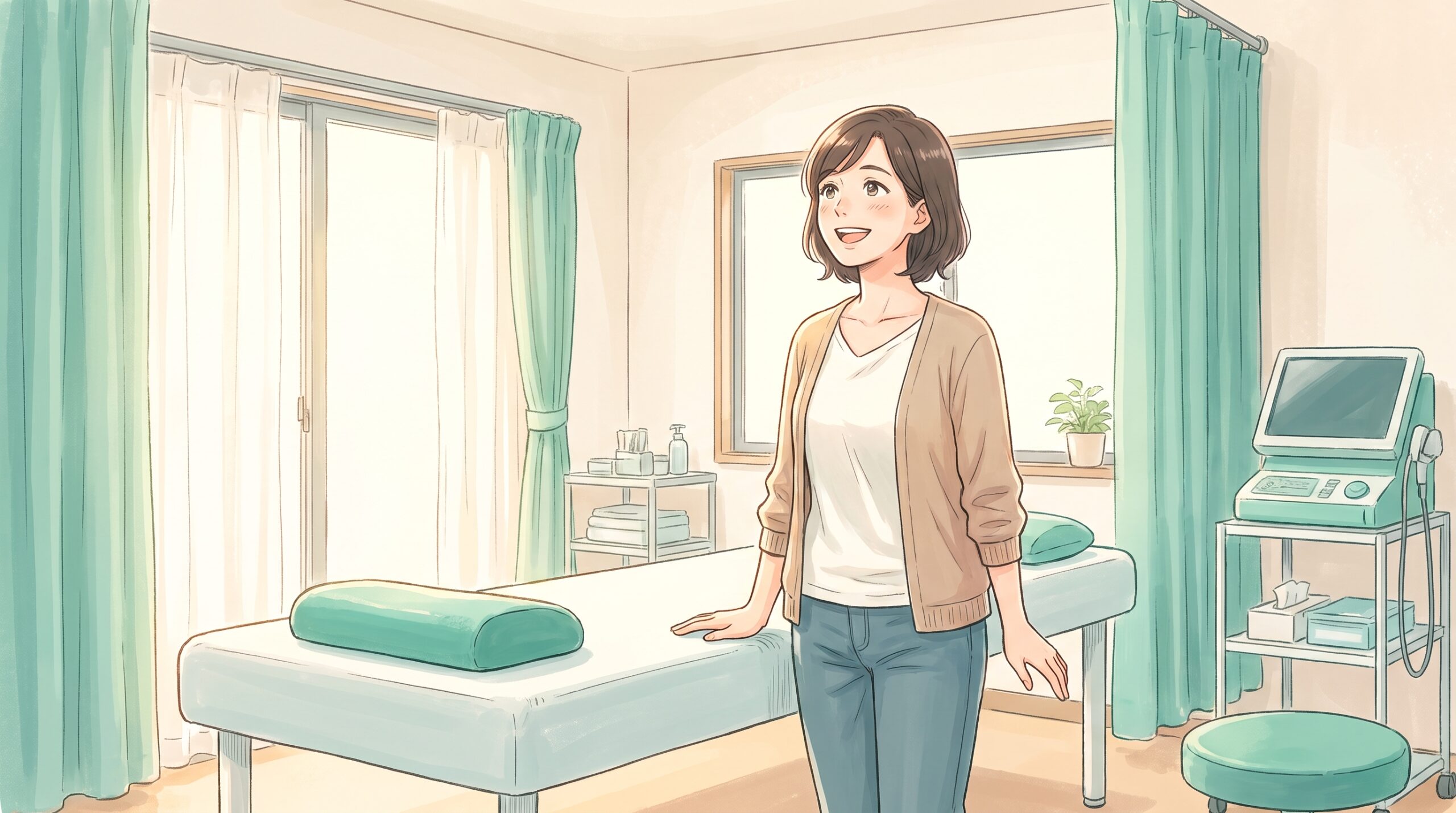 胸を開いて目線が上がり晴れやかな笑顔の女性のイラスト