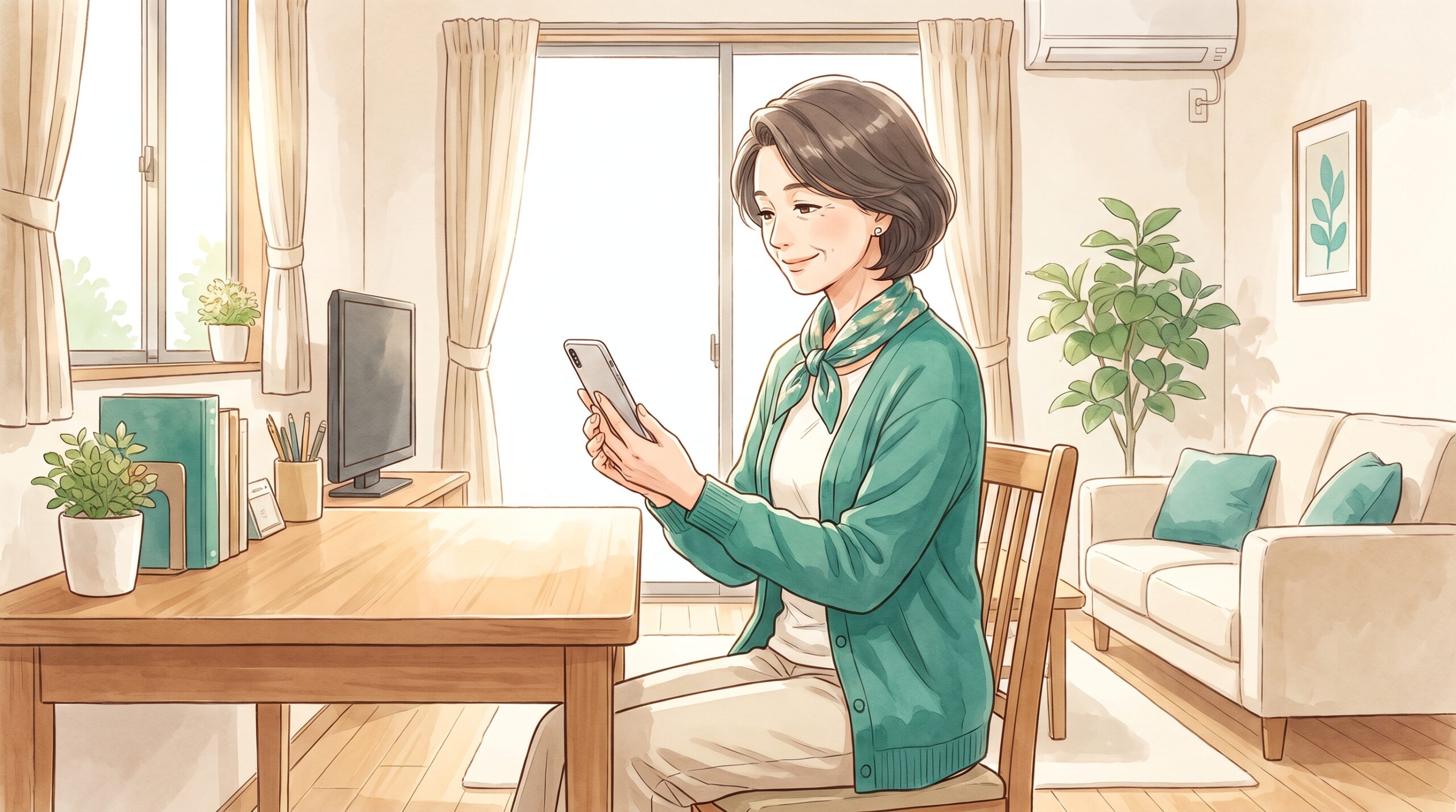 椅子で背すじを伸ばし、机の上のスマートフォンを目の高さで見る女性のイラスト