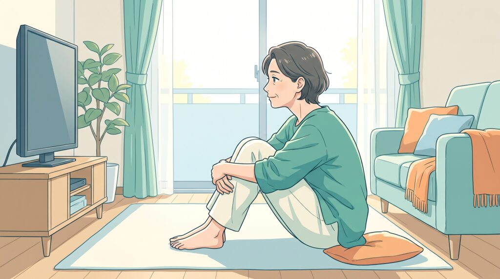 自宅の床で両ひざを抱える体育座りをして、背中が丸まり首が前に出ている女性のイラスト