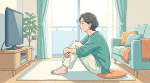 自宅の床で両ひざを抱える体育座りをして、背中が丸まり首が前に出ている女性のイラスト