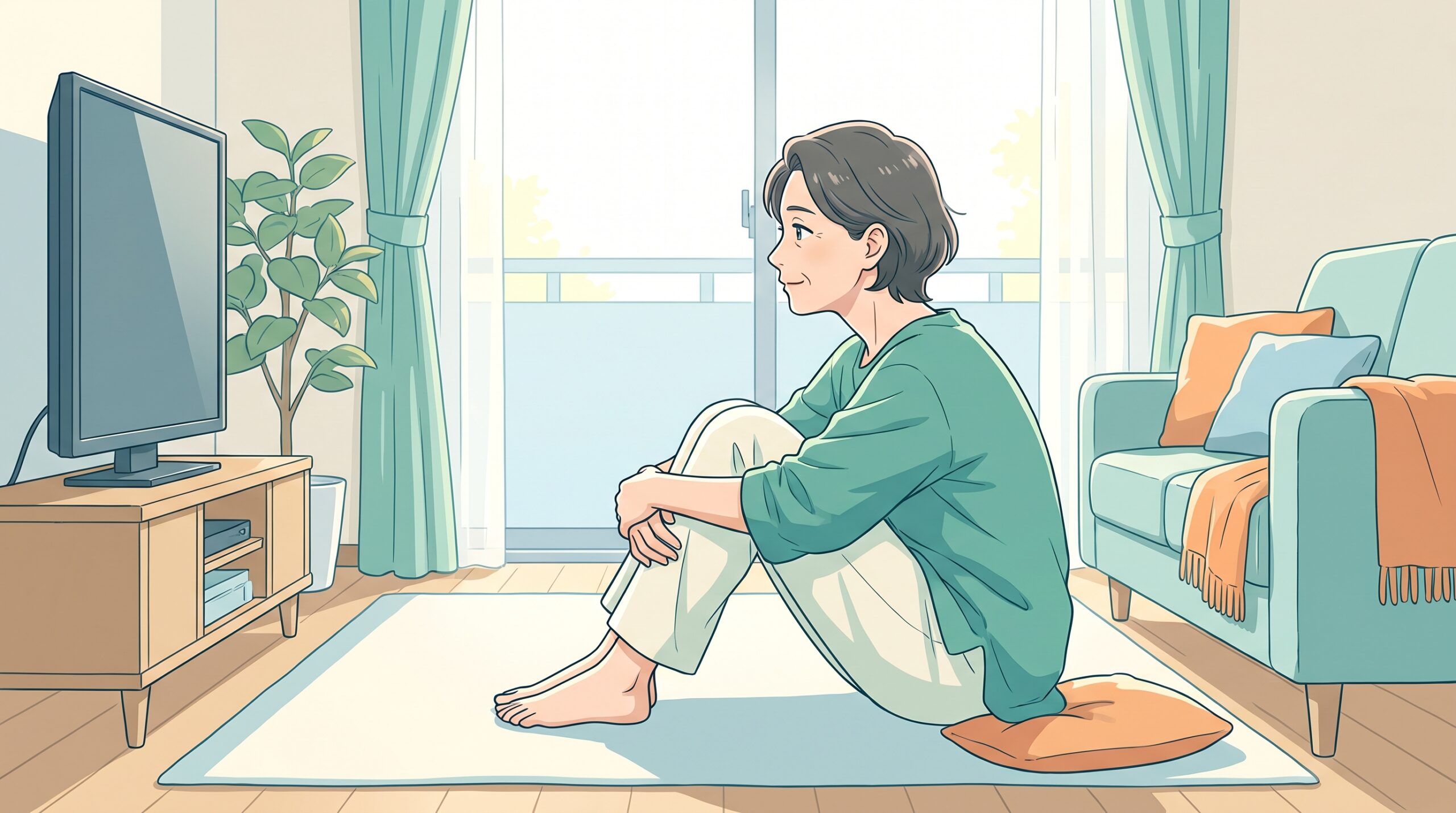 自宅の床で両ひざを抱える体育座りをして、背中が丸まり首が前に出ている女性のイラスト
