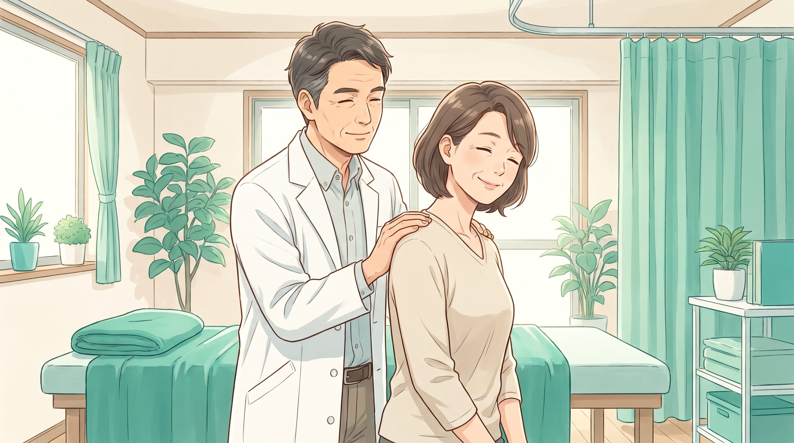 施術者が立っている女性患者の背中を後ろからそっと支えているイラスト