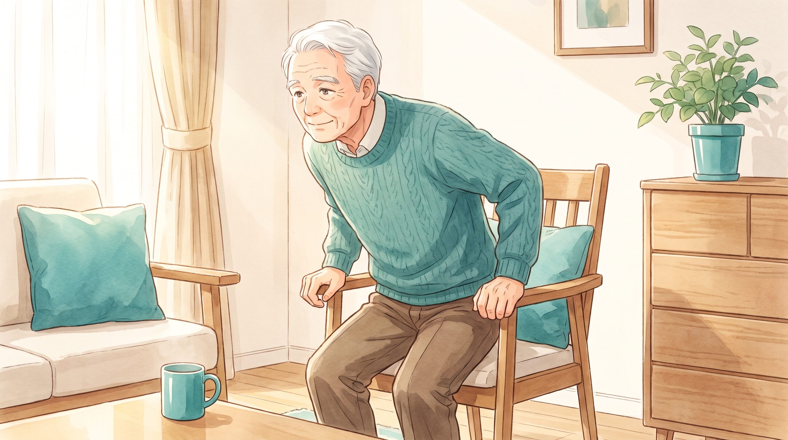 椅子に手をついてゆっくり立ち上がる男性のイラスト