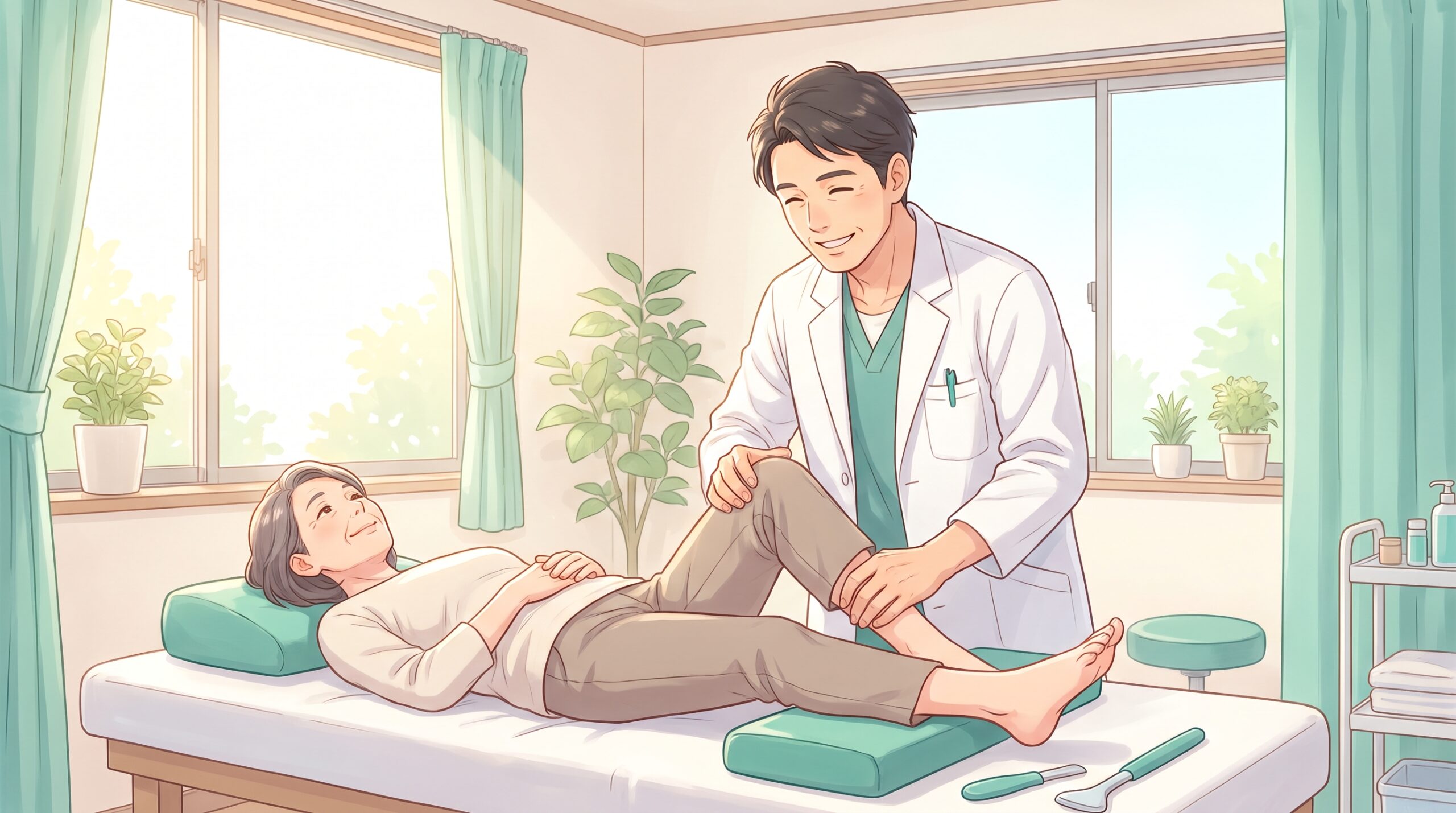 施術者が女性患者の足首をやさしく調整しているイラスト