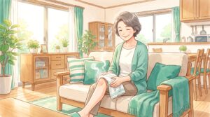 膝にタオルを巻いて温めている女性のイラスト