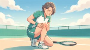 テニスコートで膝を押さえてしゃがみ込む女性のイラスト