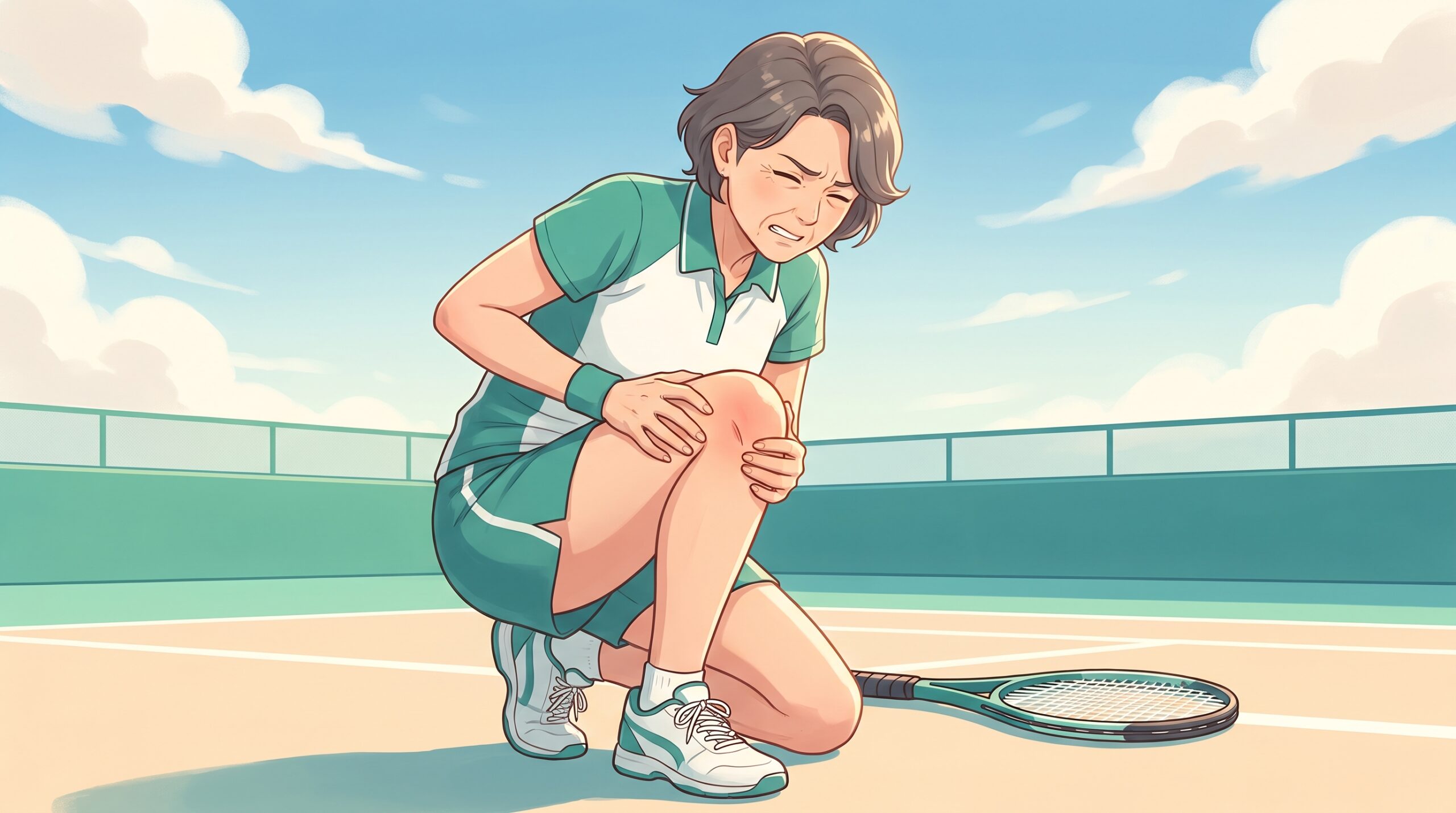 テニスコートで膝を押さえてしゃがみ込む女性のイラスト