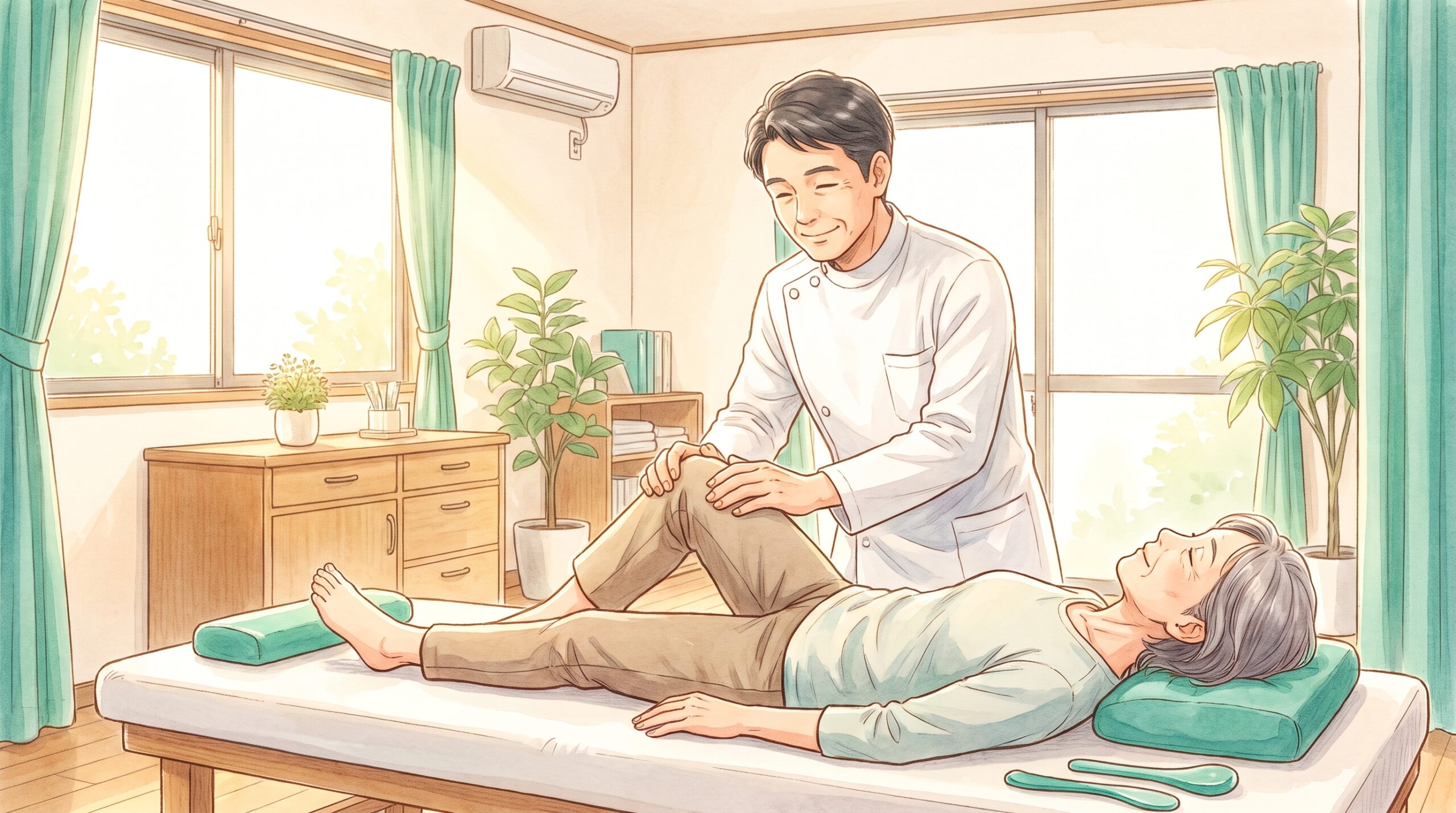 施術者が女性患者の膝をやさしく確認しているイラスト