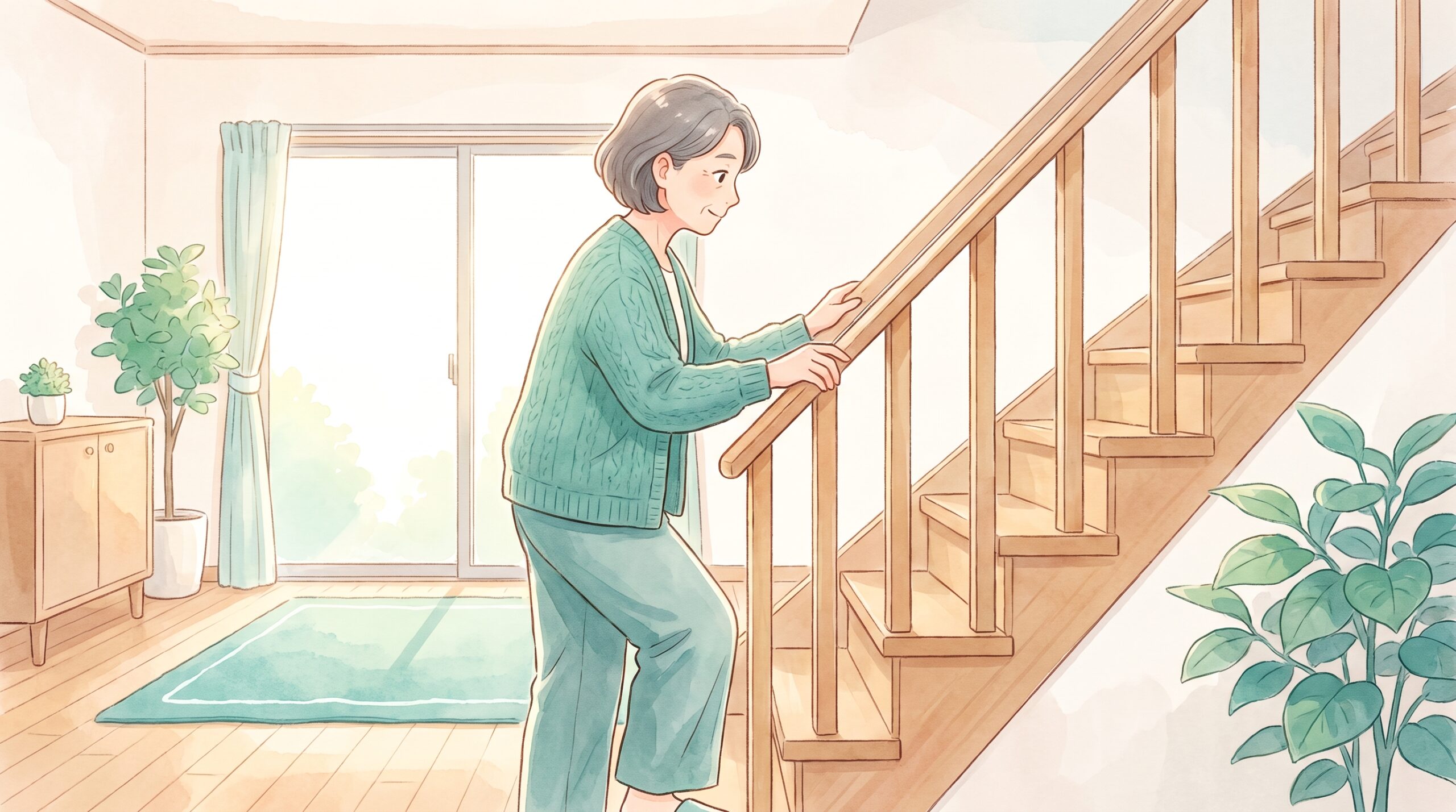階段を横向きにゆっくり上がる女性のイラスト