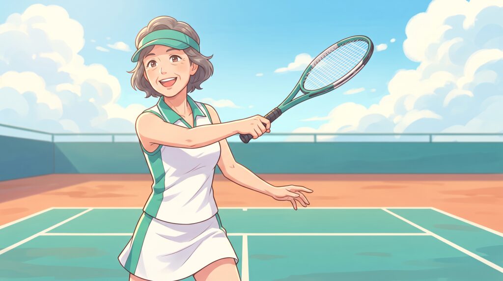 テニスコートで笑顔でテニスを楽しむ女性のイラスト