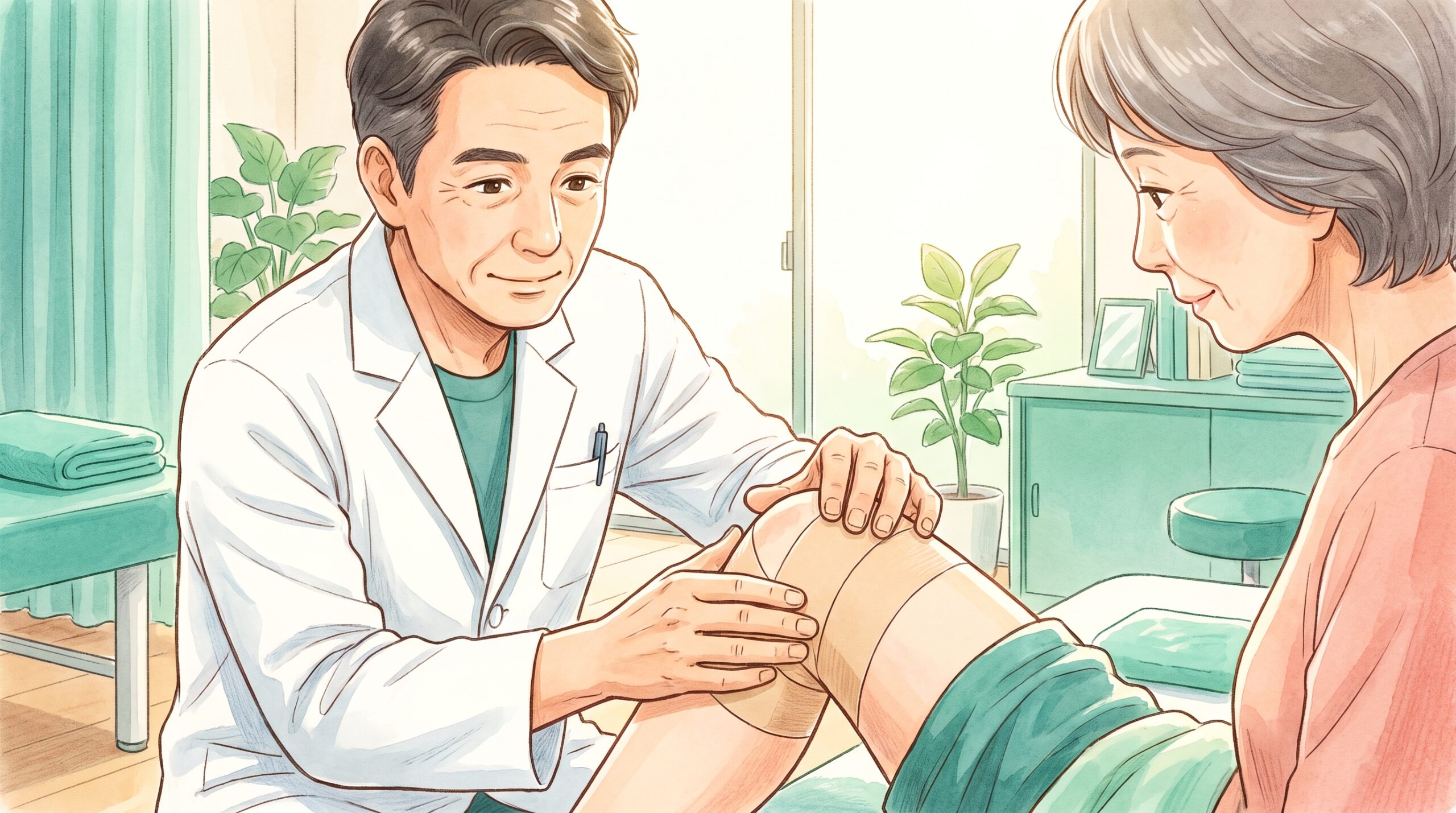 施術者が女性患者の膝にテーピングを貼っているイラスト
