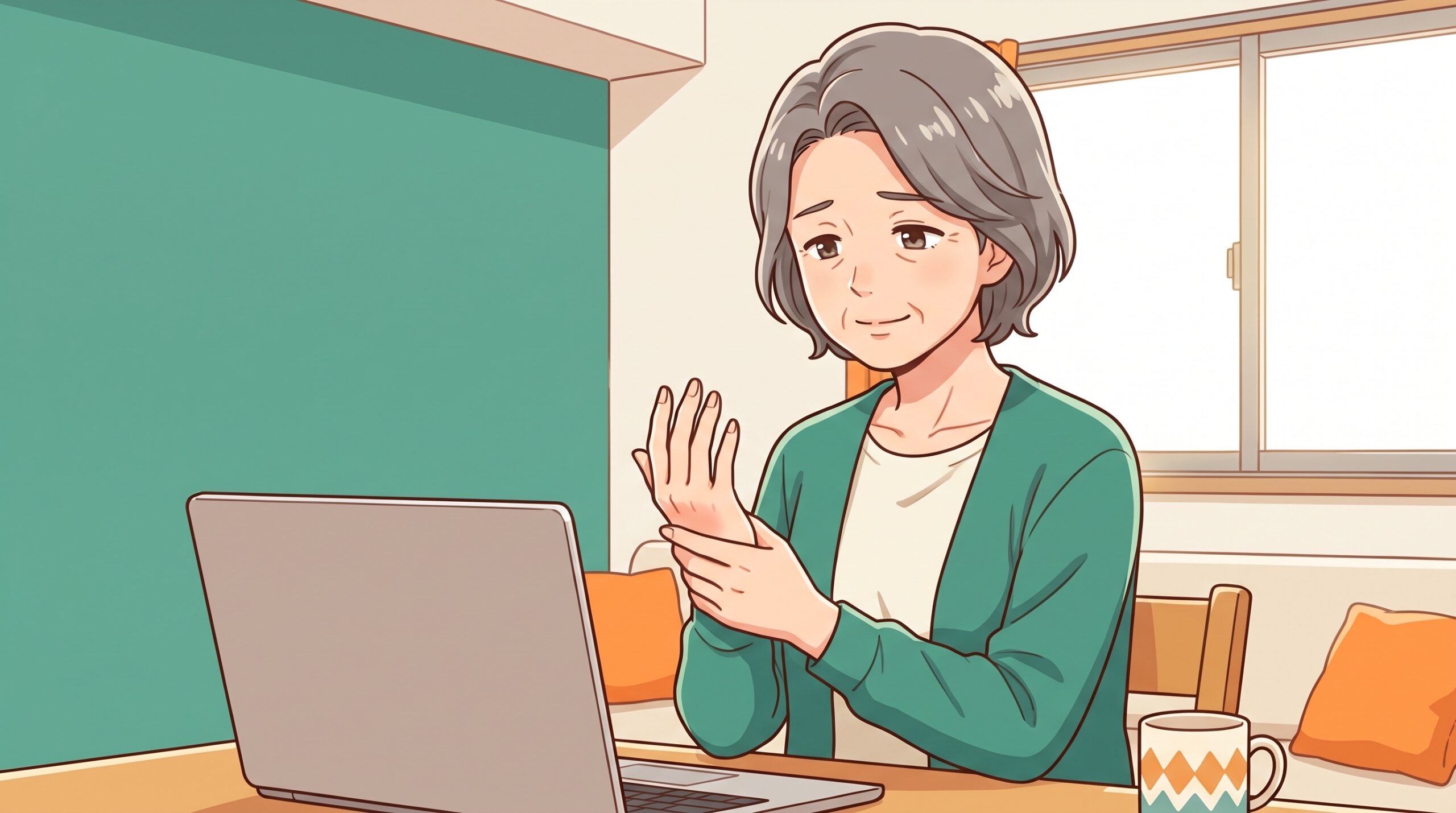 ノートパソコンの前で右手のひらをさすっている女性のイラスト