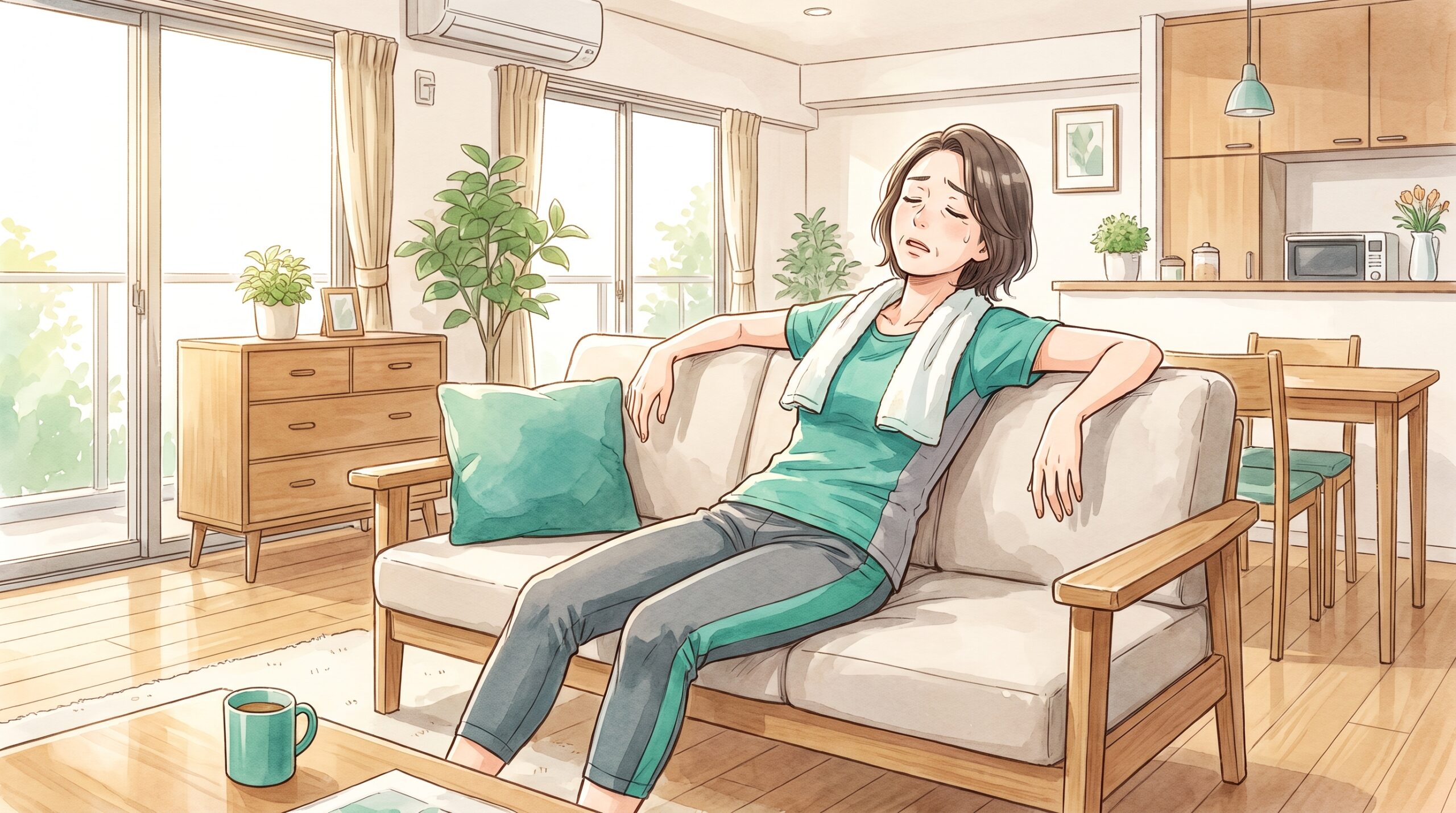 運動のあとソファでぐったり疲れている女性のイラスト