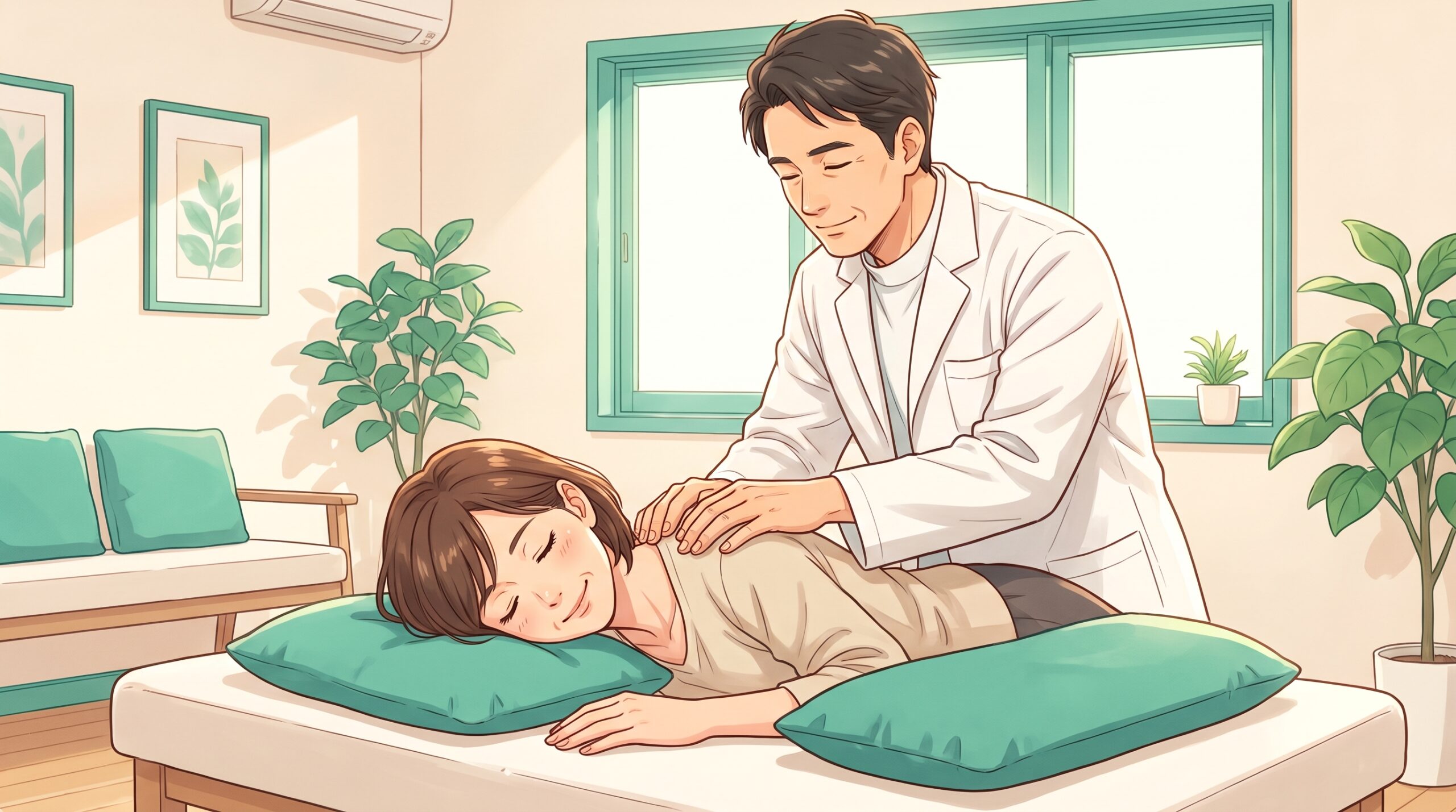 施術者が女性患者の肩にそっと手を添え、女性がうとうとしているイラスト