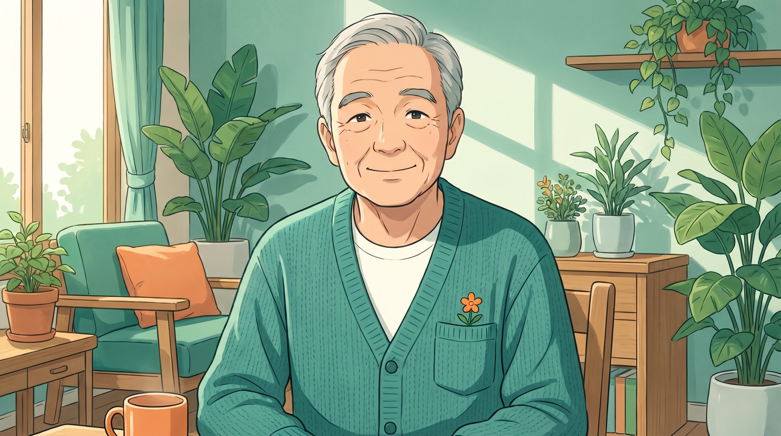 おだやかで晴れやかな笑顔の男性のイラスト