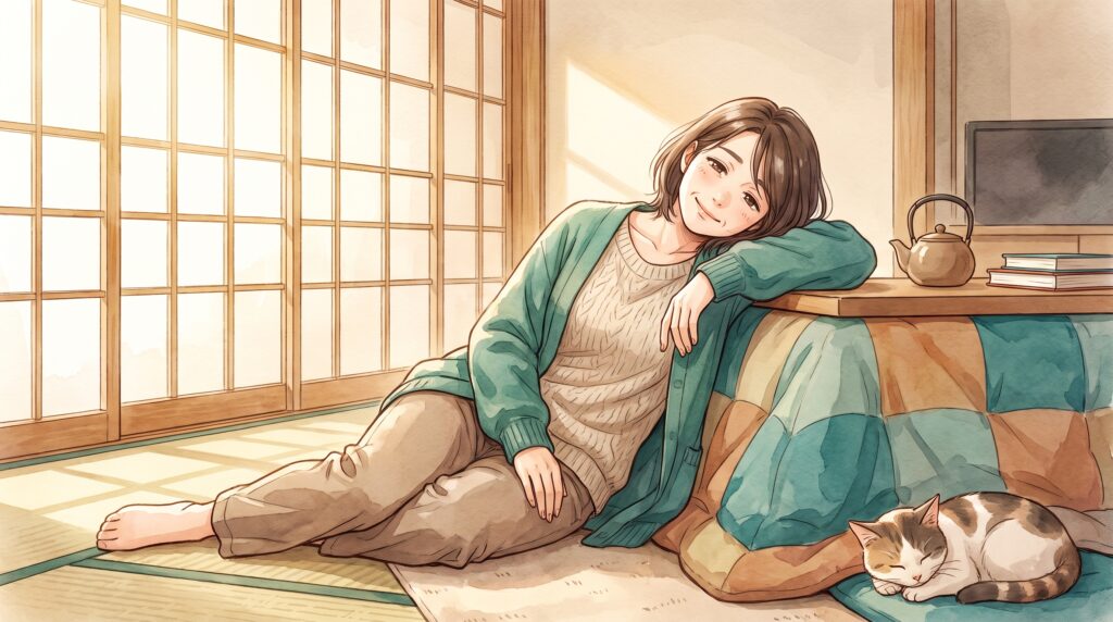 こたつのある和室で床に横座りをしている女性のイラスト