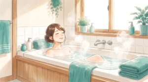 湯船にゆったりつかって気持ちよさそうな女性のイラスト
