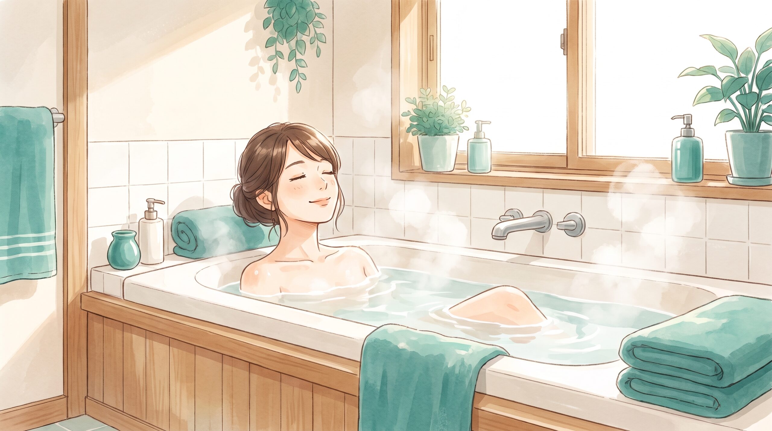 湯船にゆったりつかって気持ちよさそうな女性のイラスト