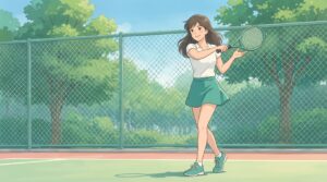 テニスコートで軽く素振りをする女性のイラスト
