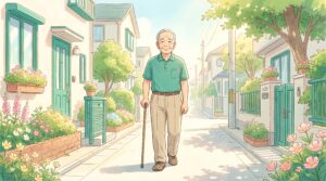 住宅街の道をゆっくり散歩する男性のイラスト