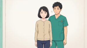 施術後、背すじが伸びて晴れやかな笑顔で立つ50代の女性と、見守る施術者