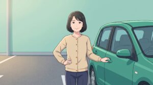 車に乗り降りしようとして、腰に手を当てる50代の女性