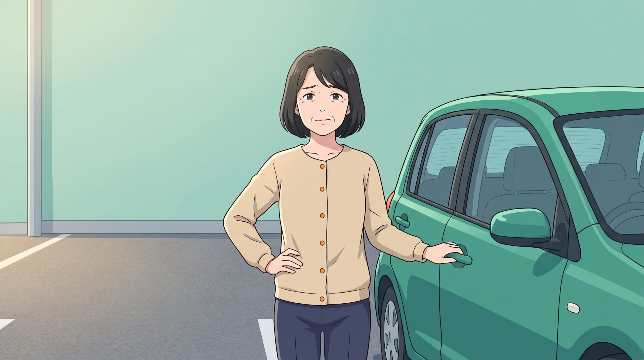 車に乗り降りしようとして、腰に手を当てる50代の女性