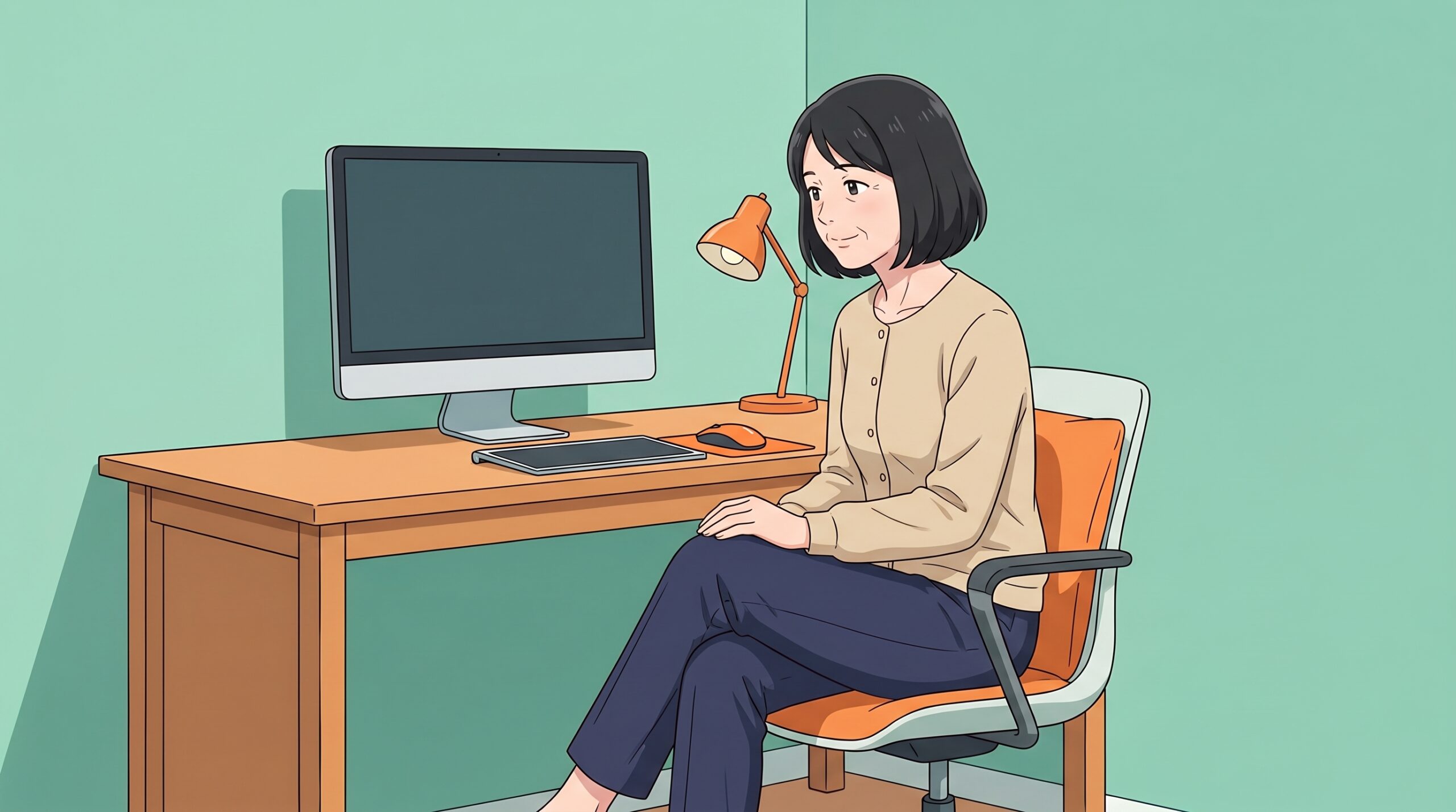 机に向かい、足を組んで座る50代の女性