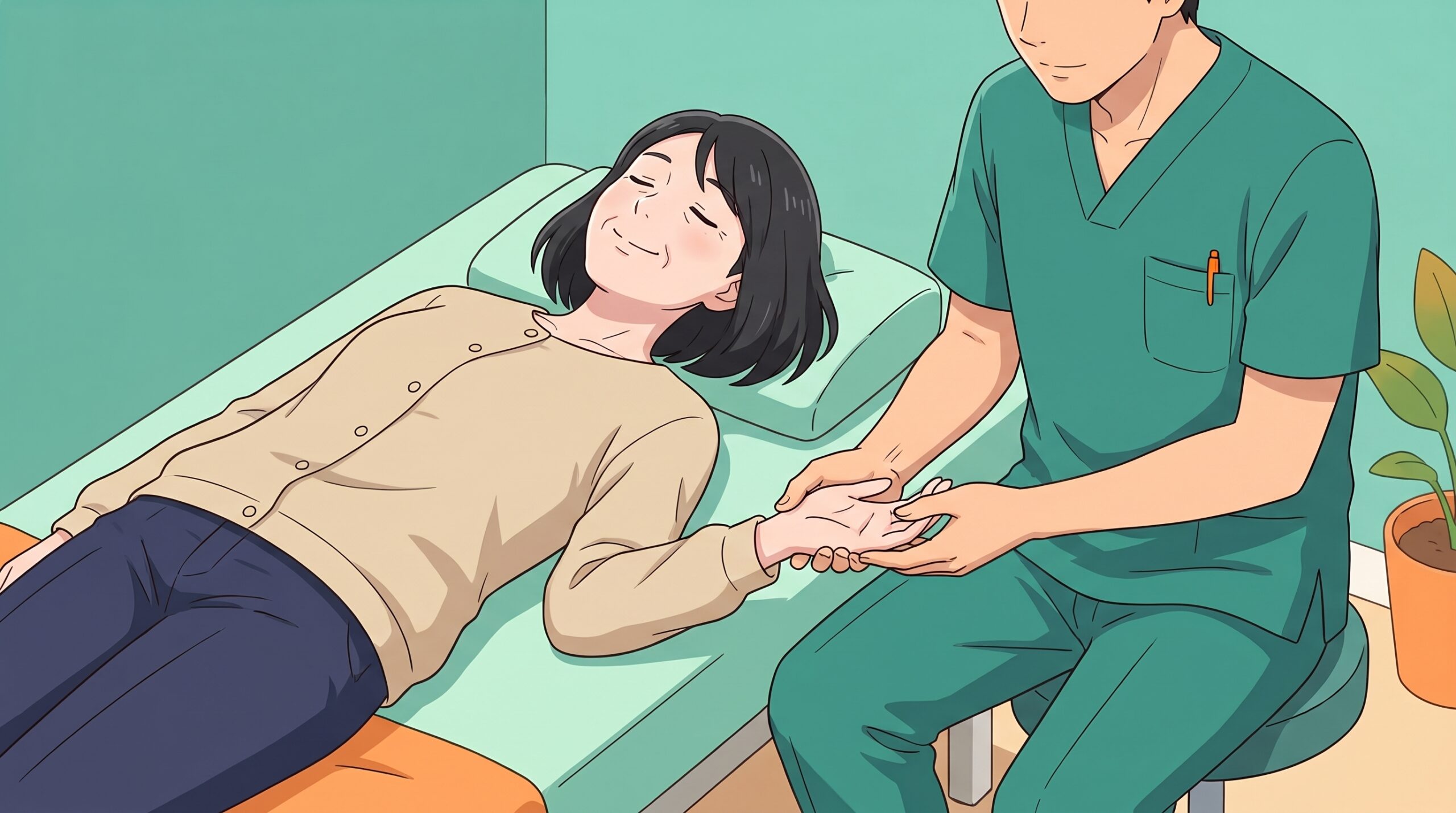 あお向けで目を閉じた女性の手のひらを、施術者がやさしく包むように整えている