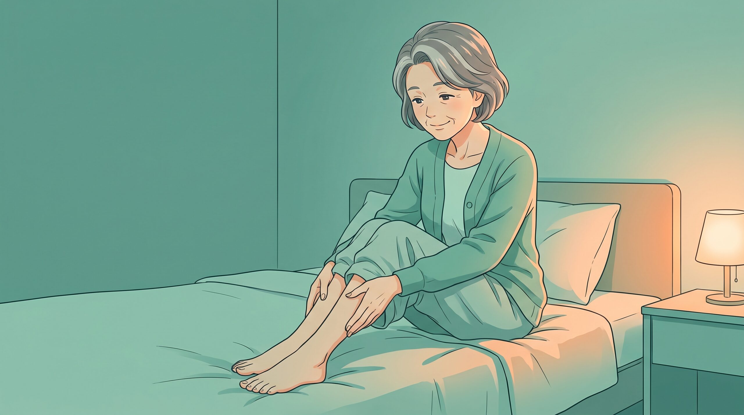 夜、ベッドに座ってふくらはぎを押さえるご高齢の女性のイラスト