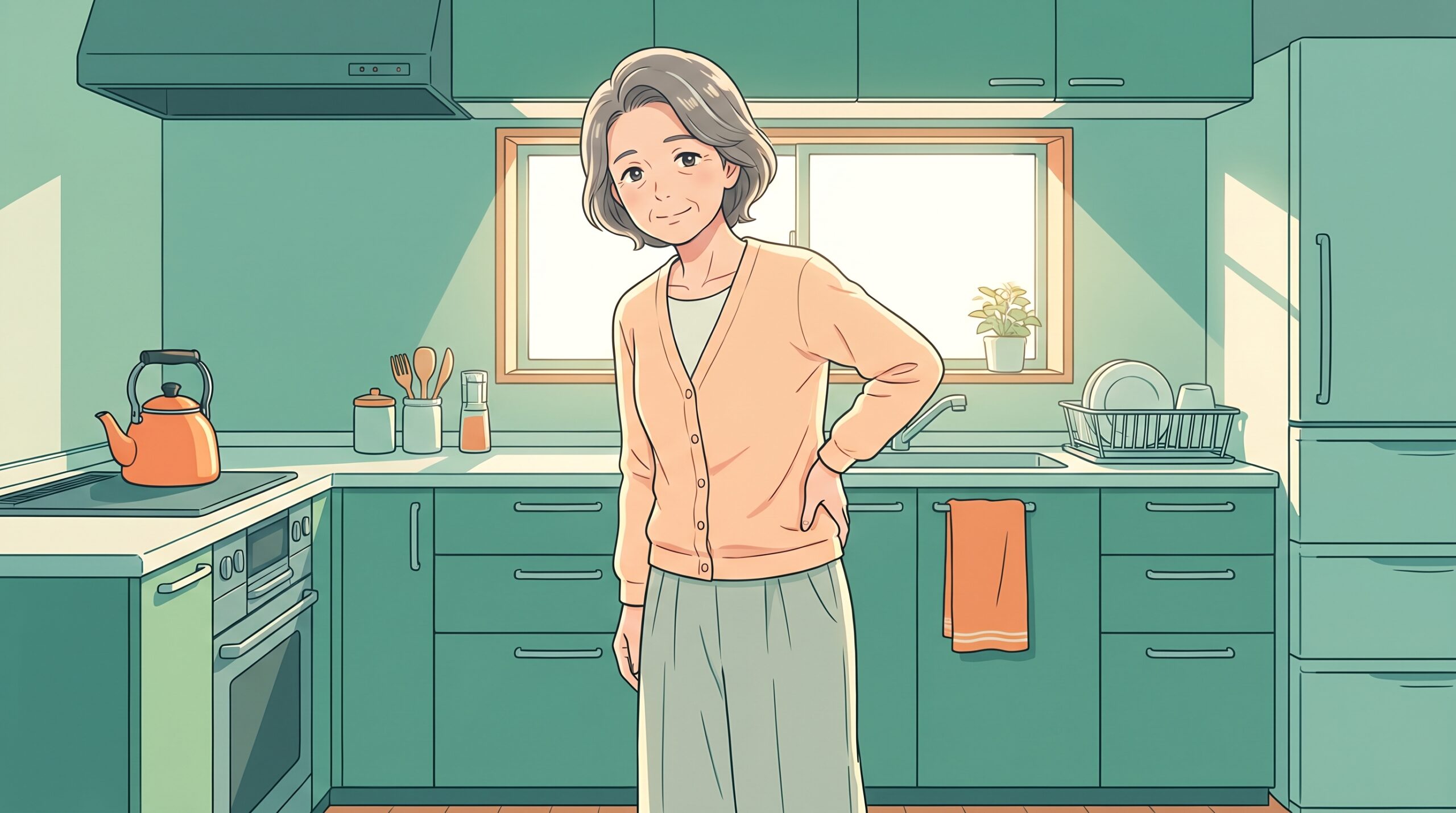台所で長く立っているうちに腰に手を当てるご高齢の女性のイラスト