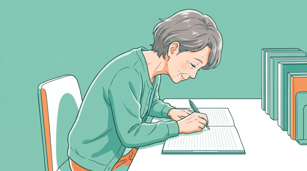 机で前かがみになって書き物をするご高齢の女性のイラスト