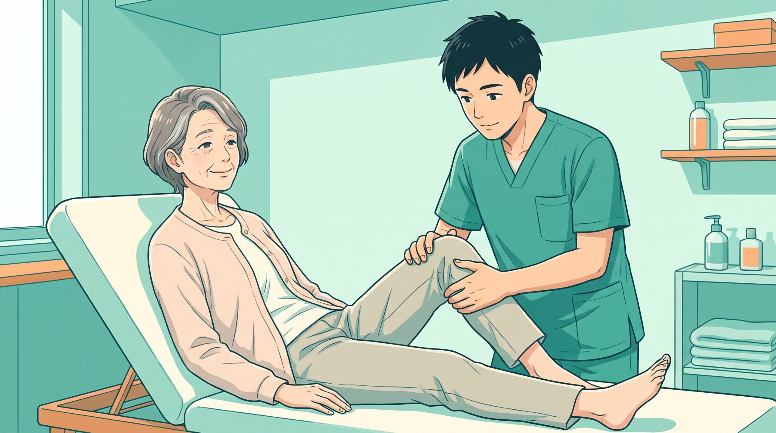 施術者がご高齢の女性の脚をやさしく動かして股関節をゆるめているイラスト