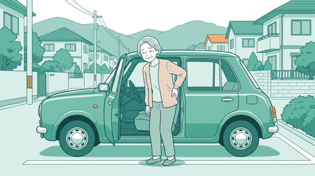 車から降りて歩き出すときに腰に手を当てるご高齢の女性のイラスト