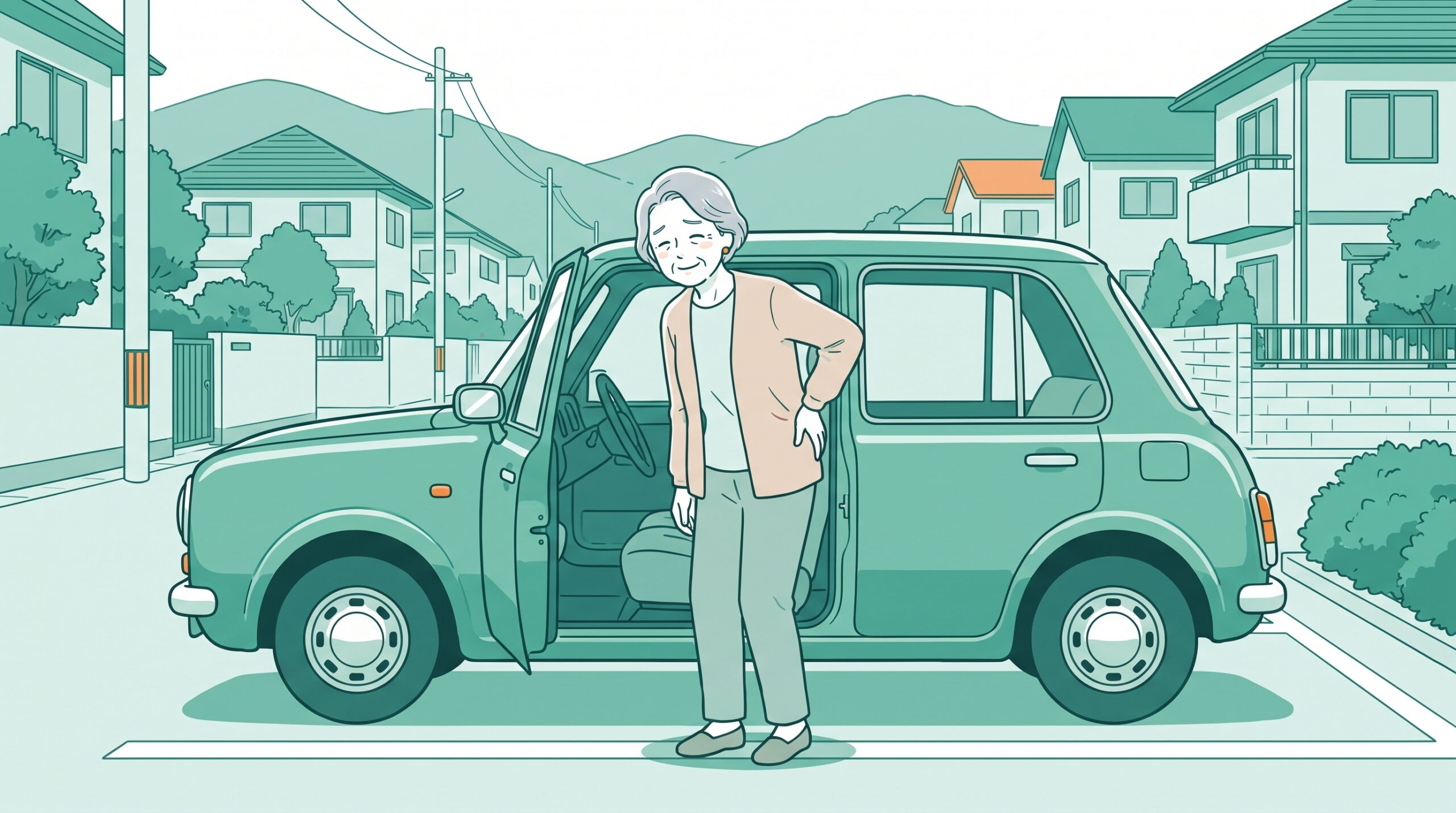 車から降りて歩き出すときに腰に手を当てるご高齢の女性のイラスト
