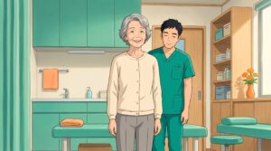 施術のあと背すじが伸びて笑顔で立つご高齢の女性と、見守る施術者のイラスト