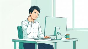 パソコンの前で首筋に手を当てる男性