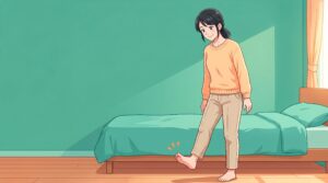 朝、起きて立ち上がり、足の裏を気にする女性