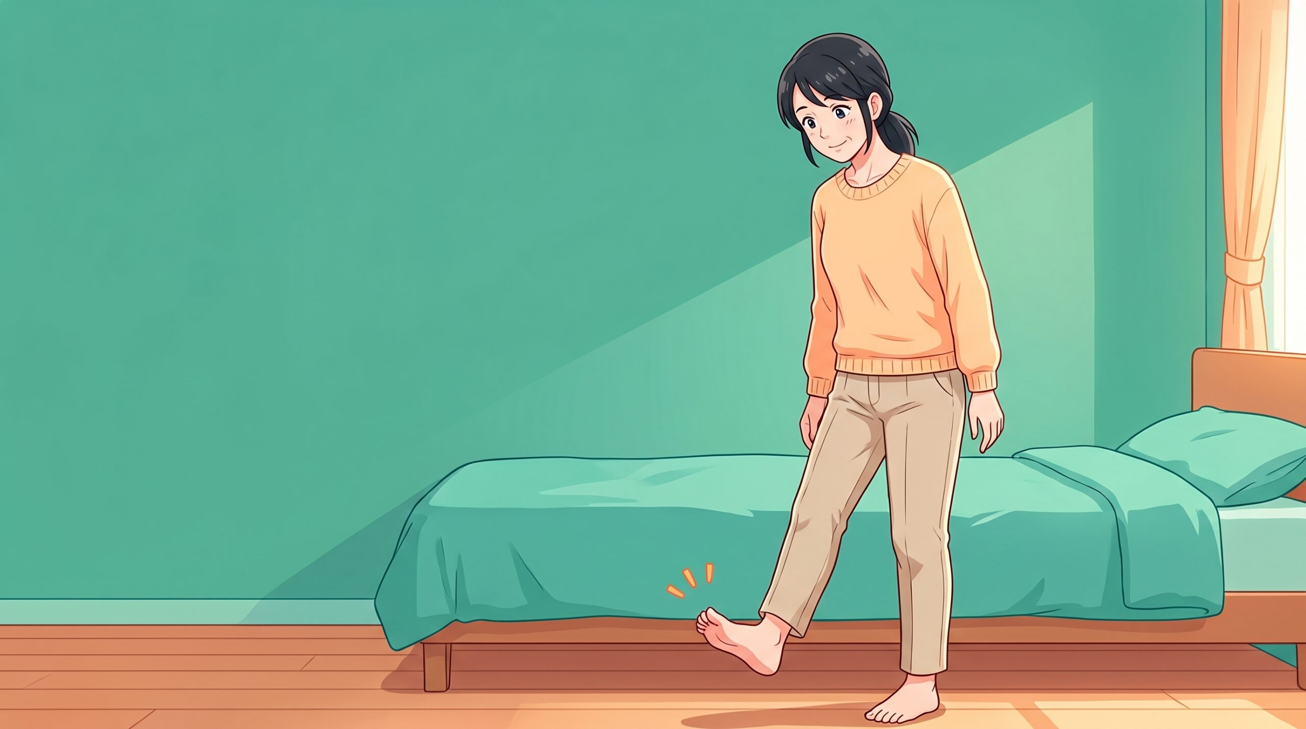 朝、起きて立ち上がり、足の裏を気にする女性